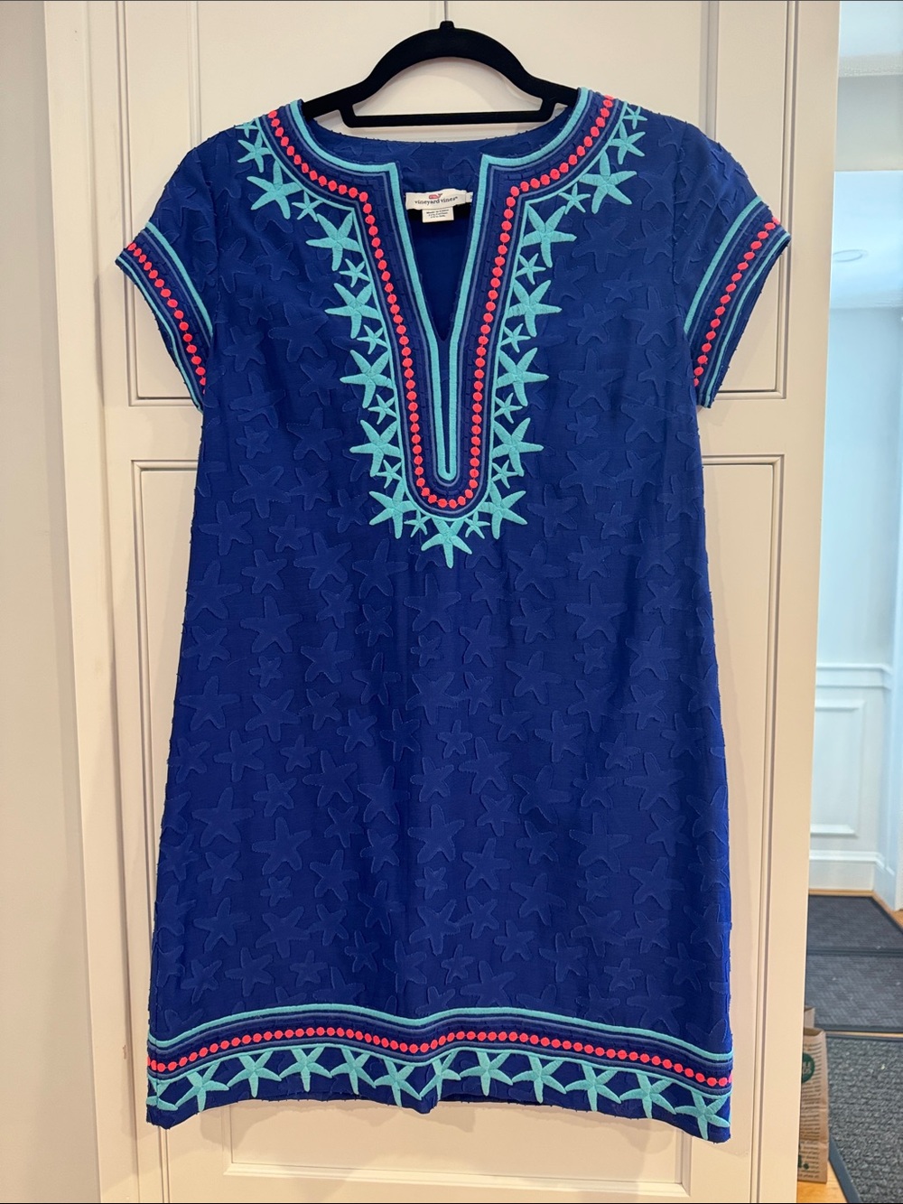 Vineyard Vines Navy Blue Embroidered Tunic with Aqua and Coral Accents
